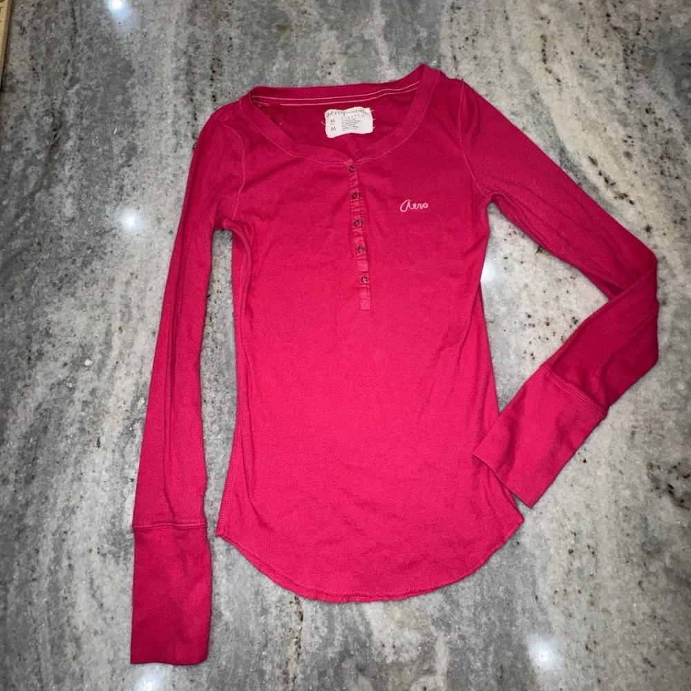 Aeropostale Medium Stretch Henley Snap Pink Y2K Ribbed Long Sleeve Shirt